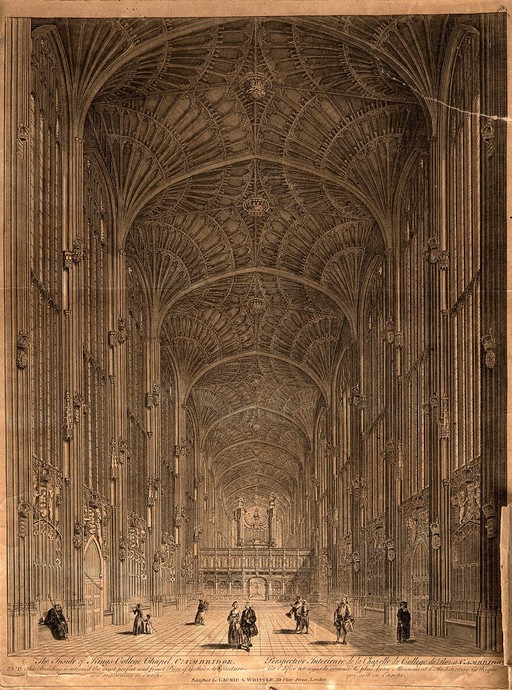 King's College Chapel, Cambridge: interior. Line engraving.