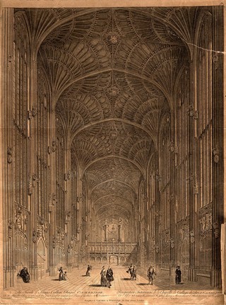King's College Chapel, Cambridge: interior. Line engraving.