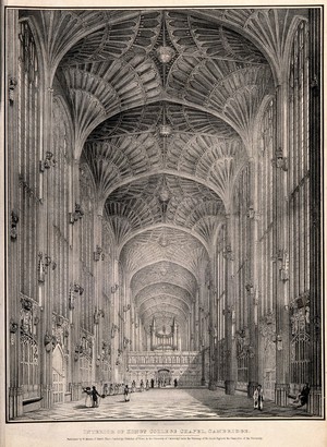 view King's College Chapel, Cambridge: interior. Lithograph.
