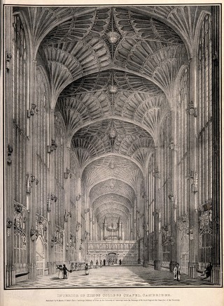 King's College Chapel, Cambridge: interior. Lithograph.