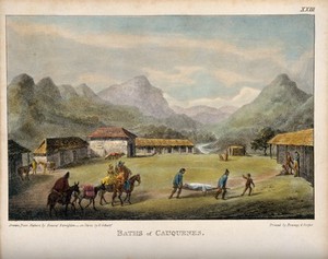 view Two travellers and a patient on a stretcher travel towards the baths at Cauquenes, Chile. Coloured lithograph by G. Scharf.