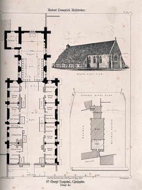 St. Mary's Hospital with ground and block plan. Transfer lithograph by J.R. Jobbins after F.T. Dollman.