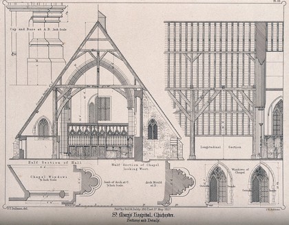 St Mary's Hospital, Chichester, Sussex: architectural plans for the structure of the roof, windows and their positions. Transfer lithograph by J.R. Jobbins after F.T. Dollman.