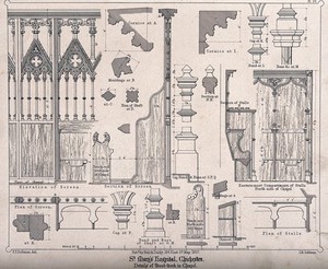 view Named architectural details in the Chapel, St. Mary's Hospital, Chichester. Transfer lithograph by J.R. Jobbins after F.T. Dollman.