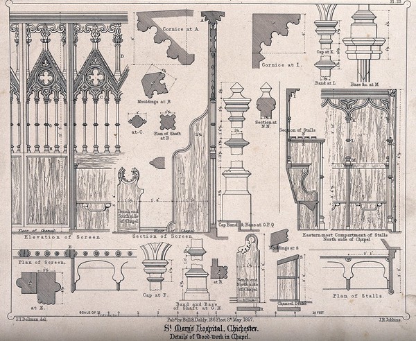 Named architectural details in the Chapel, St. Mary's Hospital, Chichester. Transfer lithograph by J.R. Jobbins after F.T. Dollman.