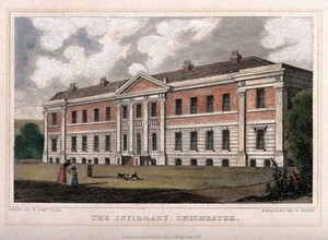 view Chichester: the Infirmary. Coloured line engraving by W. Symms after N. Whittock.