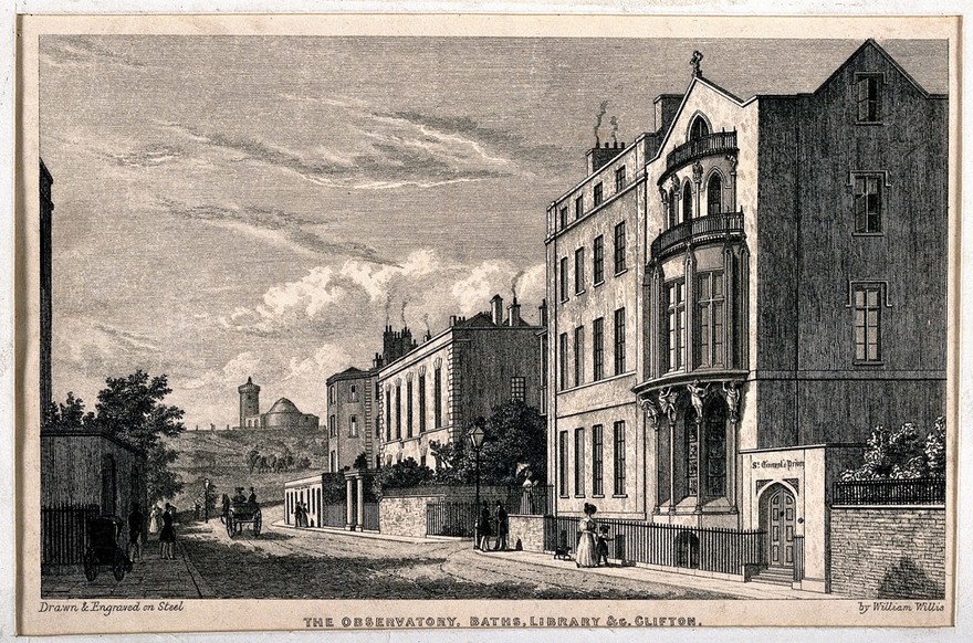 The promenade leading to the Observatory, Baths, and Library, Clifton, Bristol. Steel engraving by W. Wallis after himself, 1836.
