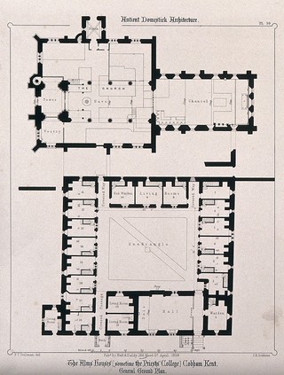 The Alms houses (formerly Priests' College), Cobham, Kent: floor plans. Transfer lithograph by J.R. Jobbins, 1858, after F.T. Dollman.