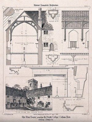 view The Alms Houses, Cobham, Kent: facade, and architectural details, with a key. Transfer lithograph by J.R. Jobbins, 1858, after F.T. Dollman.