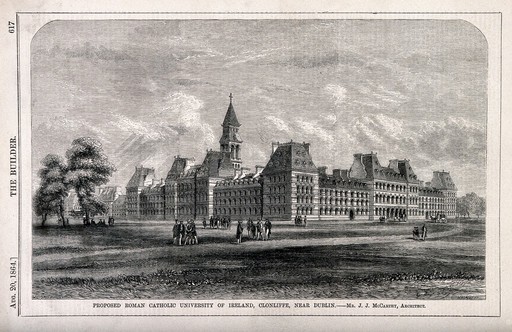 Students strolling in the grounds of the Roman Catholic University of Ireland, Clonliffe, Ireland. Wood engraving by Walmsley, 1864, after W.C. Smith after J.J. McCarthy.
