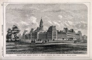 view Students strolling in the grounds of the Roman Catholic University of Ireland, Clonliffe, Ireland. Wood engraving by Walmsley, 1864, after W.C. Smith after J.J. McCarthy.