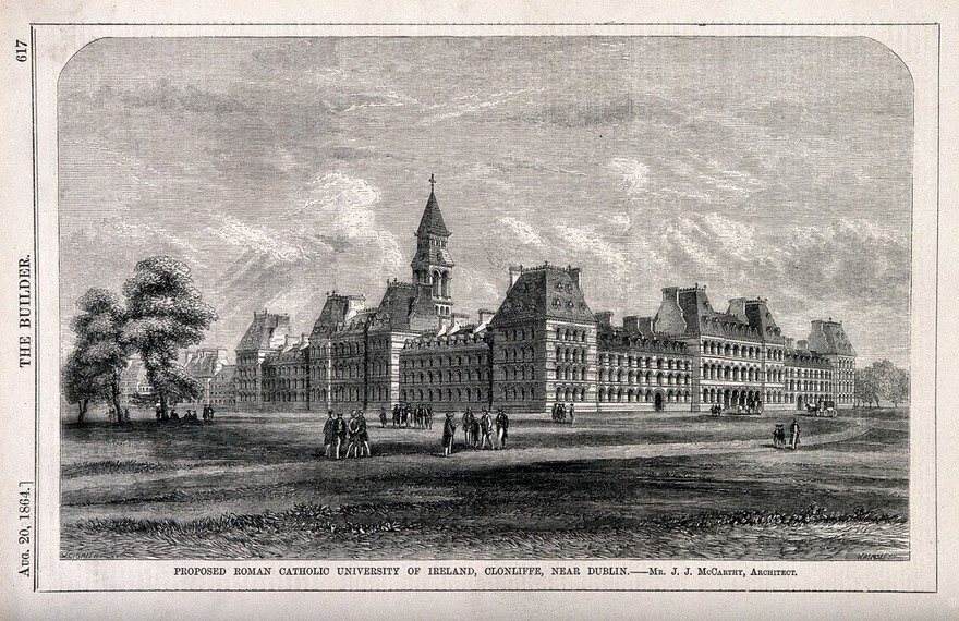 Students strolling in the grounds of the Roman Catholic University of Ireland, Clonliffe, Ireland. Wood engraving by Walmsley, 1864, after W.C. Smith after J.J. McCarthy.