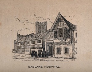 view Bablake Hospital, Coventry, Warwickshire: the exterior with a group of students coming out. Wood engraving.