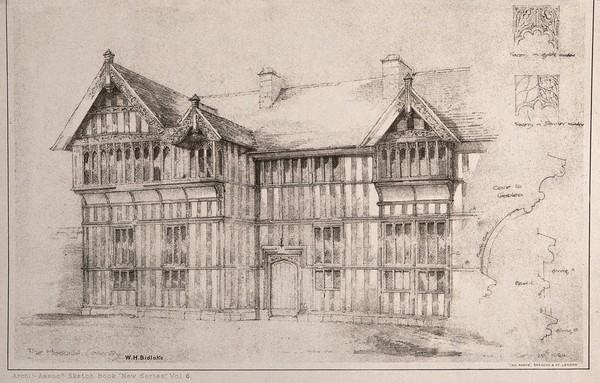 The Hospital with architectural details, Coventry. Photolithograph by W.H. Bidlake, 1884.