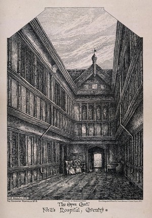 view The Open court, Ford's Hospital, Coventry. Photolithograph by J. Akerman after G.R. Webster, 1886.
