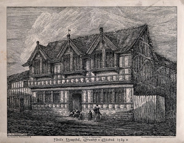Children playing and their mothers, outside Ford's Hospital, Coventry. Photolithograph by J. Akerman after G.R. Webster, 1886.