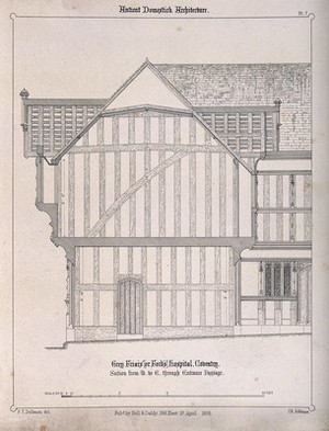 view Architectural details of Grey Friar's Hospital, Coventry. Transfer lithograph by J.R. Jobbins, 1856, after F.T. Dollman.