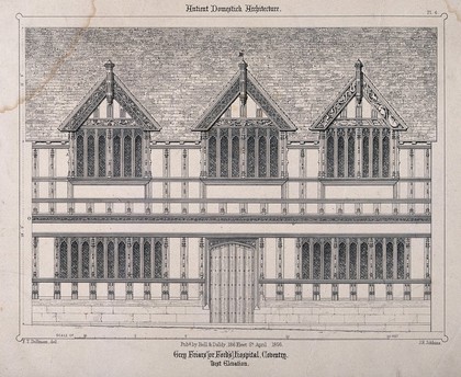 Architectural scale design for Grey Frair's Hospital, Coventry. Transfer lithograph by J.R. Jobbins, 1856, after F.T. Dollman.