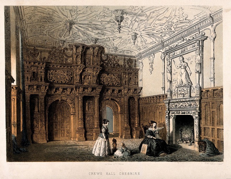 A girl feeds a begging dog treats, another girl sits in front, while a woman reads, Crewe Hall, Cheshire. Coloured lithograph by W. Walton after C.J. Richardson., by Charles James Richardson