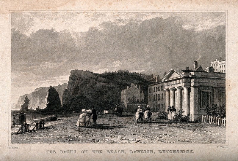 The Baths and beach, Dawlise, Devon. Etching by J. Thomas after T. Allom., by Thomas Allom