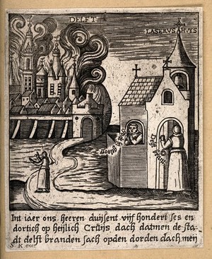 view Delft, the Netherlands: left, the city on fire in 1536; right, St Lazarus's House with a resident receiving news of the fire. Engraving, 15--.