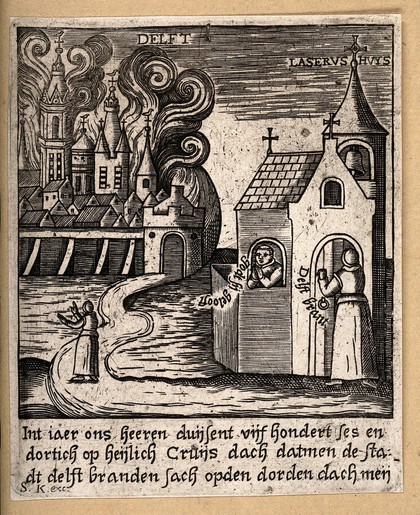 Delft, the Netherlands: left, the city on fire in 1536; right, St Lazarus's House with a resident receiving news of the fire. Engraving, 15--.