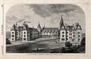 view St. Chad's School and grounds, Denstone, Staffordshire. Wood engraving by D.R.Warry, 1872.