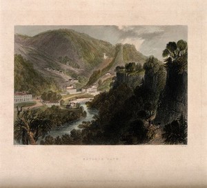 view Matlock Bath from the hills, Derbyshire. Coloured line engraving by J.C. Varrall, 1840, after W.H. Bartlett.