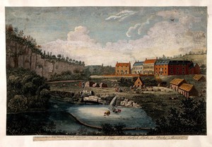 view Women washing clothes in Matlock Bath, Derbyshire. Coloured line engraving, 1794.