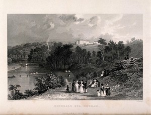 view Dinsdale Spa, Durham: people gathered at the riverside. Line engraving by S. Lacey, 1833, after T. Allom.