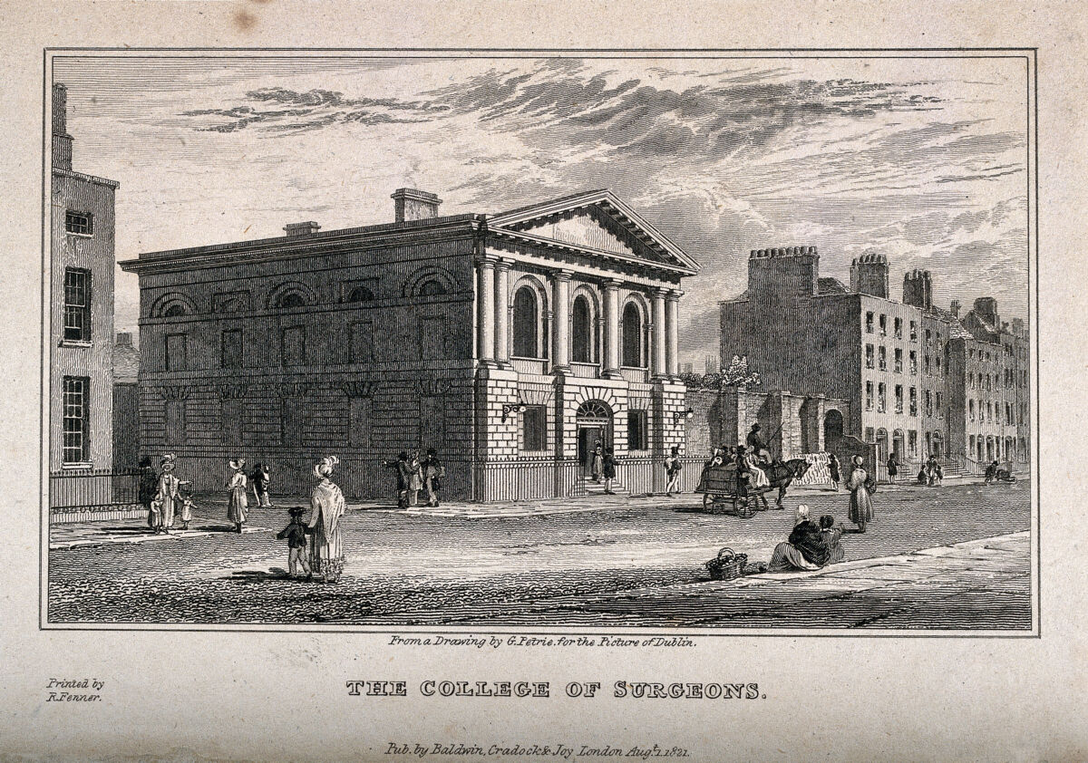The street outside the College of Surgeons, Dublin, Ireland. Steel engraving, 1821, after G. Petrie., 1 August 1821, by George Petrie