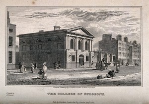 view The street outside the College of Surgeons, Dublin, Ireland. Steel engraving, 1821, after G. Petrie.