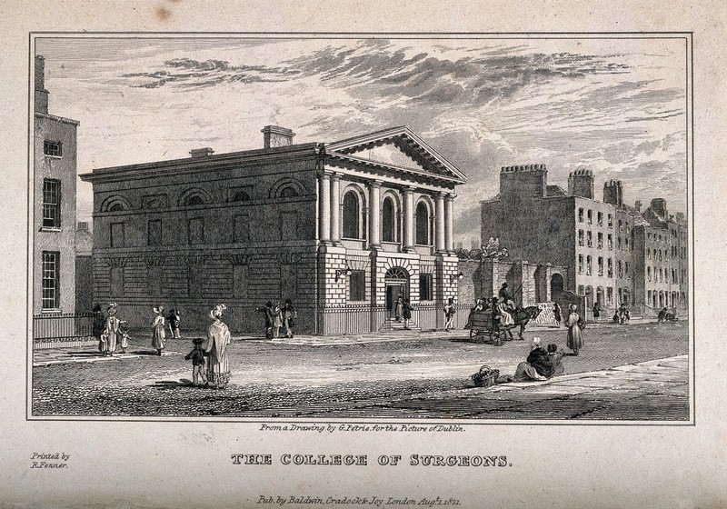 The street outside the College of Surgeons, Dublin, Ireland. Steel engraving, 1821, after G. Petrie., 1 August 1821, by George Petrie