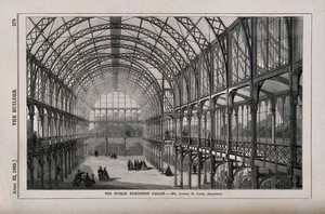 view The interior of the Dublin Exhibition Palace, Ireland. Wood engraving by W.E. Hodgkin, 1865, after A.G. Jones.