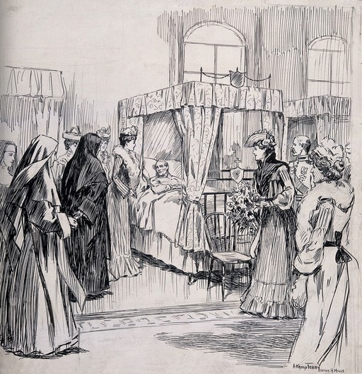 Queen Alexandra visiting the sick in the Patrick ward, Dublin Hospital for the Dying, Ireland. Pen and ink drawing by A. Kemp Tebby, 1903, after H. Mills.