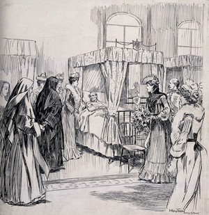 view Queen Alexandra visiting the sick in the Patrick ward, Dublin Hospital for the Dying, Ireland. Pen and ink drawing by A. Kemp Tebby, 1903, after H. Mills.