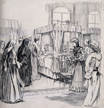 Queen Alexandra visiting the sick in the Patrick ward, Dublin Hospital for the Dying, Ireland. Pen and ink drawing by A. Kemp Tebby, 1903, after H. Mills.