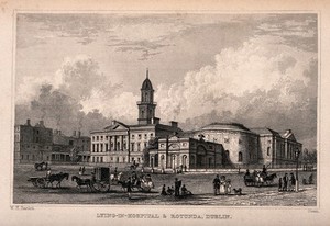 view The street in front of the Lying-in Hospital and Rotunda, Dublin, Ireland. Steel engraving by Owen after W.H. Bartlett.