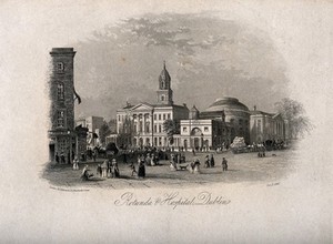 view The Rotunda and Lying-in Hospital with busy street life, Dublin, Ireland. Etching, 1842.