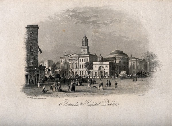 The Rotunda and Lying-in Hospital with busy street life, Dublin, Ireland. Etching, 1842.