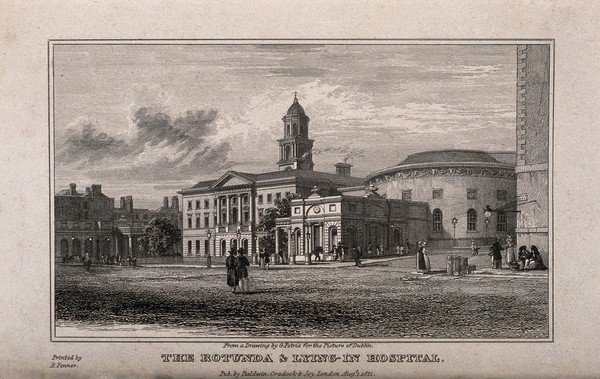 The Lying-in Hospital and Rotunda, Dublin, Ireland. Etching, 1821, after G. Petrie.