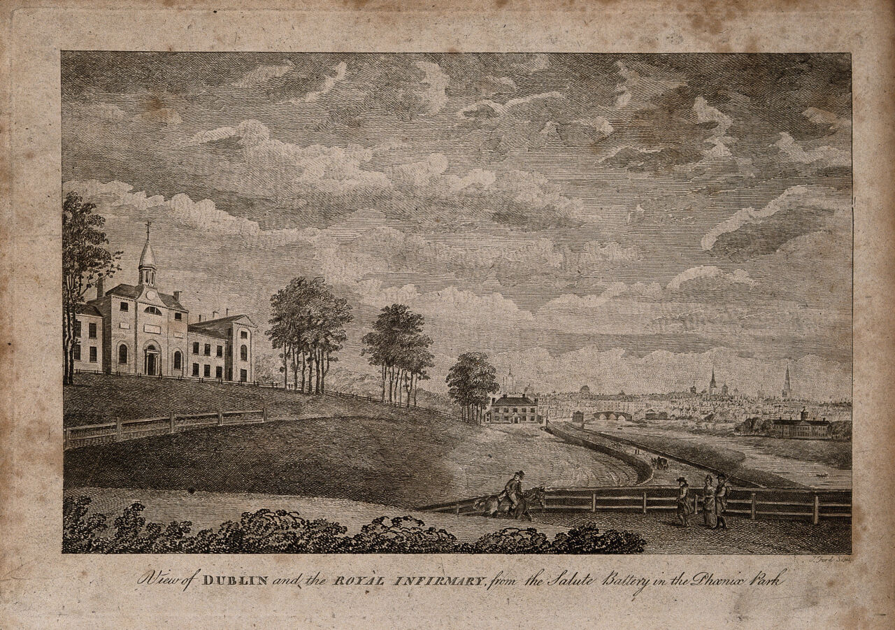 The Royal Infirmary from the Salute Battery in Phoenix Park, Dublin, Ireland. Etching by J. Ford., by James Ford