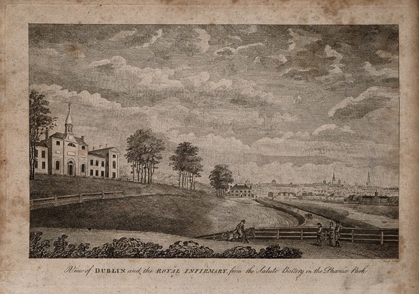 The Royal Infirmary from the Salute Battery in Phoenix Park, Dublin, Ireland. Etching by J. Ford.