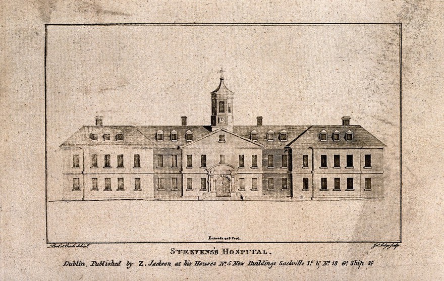 Steeven's Hospital, Dublin, Ireland. Line engraving by J. Lodge after Pool and Cash.