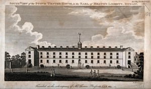 view Stove Tenter House with grounds, Dublin, Ireland. Line engraving by B. Brunton, 1818.