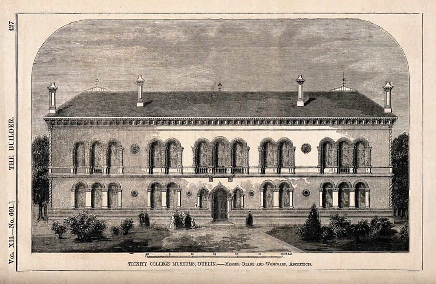 Trinity College Museums, Dublin, Ireland. Wood engraving by W.E. Hodgkin after B. Sly after Deane and Woodward.