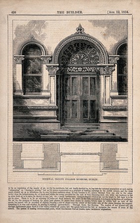 The doorway of Trinity College Museums with printed text and floor plans, Dublin, Ireland. Wood engraving by W.E. Hodgkin, 1854, after B. Sly.
