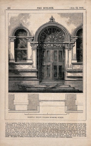 view The doorway of Trinity College Museums with printed text and floor plans, Dublin, Ireland. Wood engraving by W.E. Hodgkin, 1854, after B. Sly.