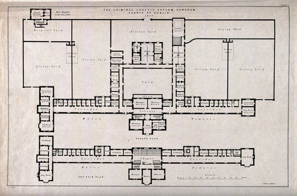 The floor plan with scale of the Criminal Lunatic Asylum, Dundrum, Dublin, Ireland. Transfer lithograph by J.R. Jobbins, 1850, after J. Owen.