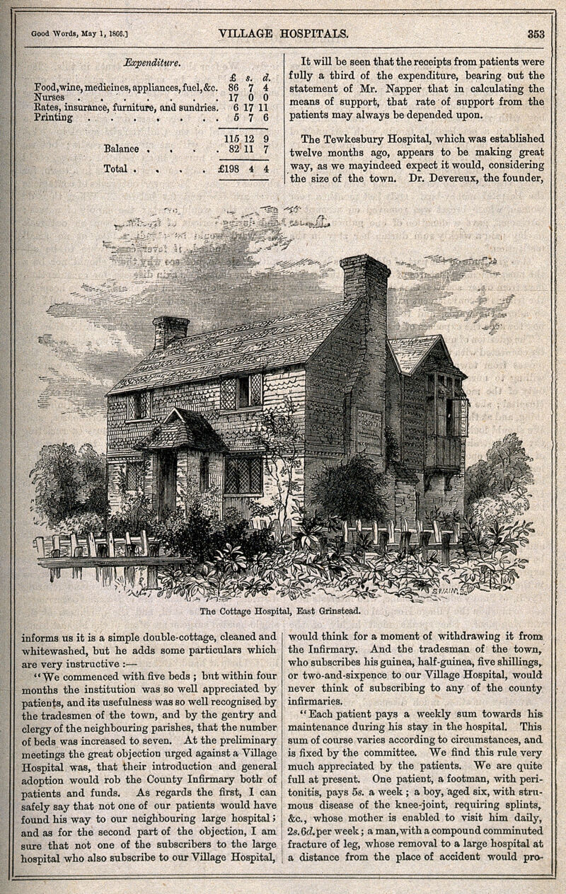 The Cottage Hospital, East Grinstead, Sussex. Wood engraving by Swain, 1866., 1 May 1866, by Joseph Swain